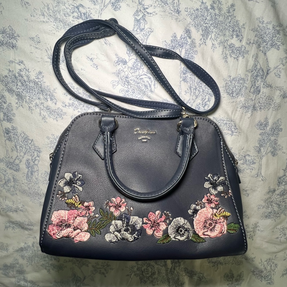 Floral Embroidered Navy Blue Handbag